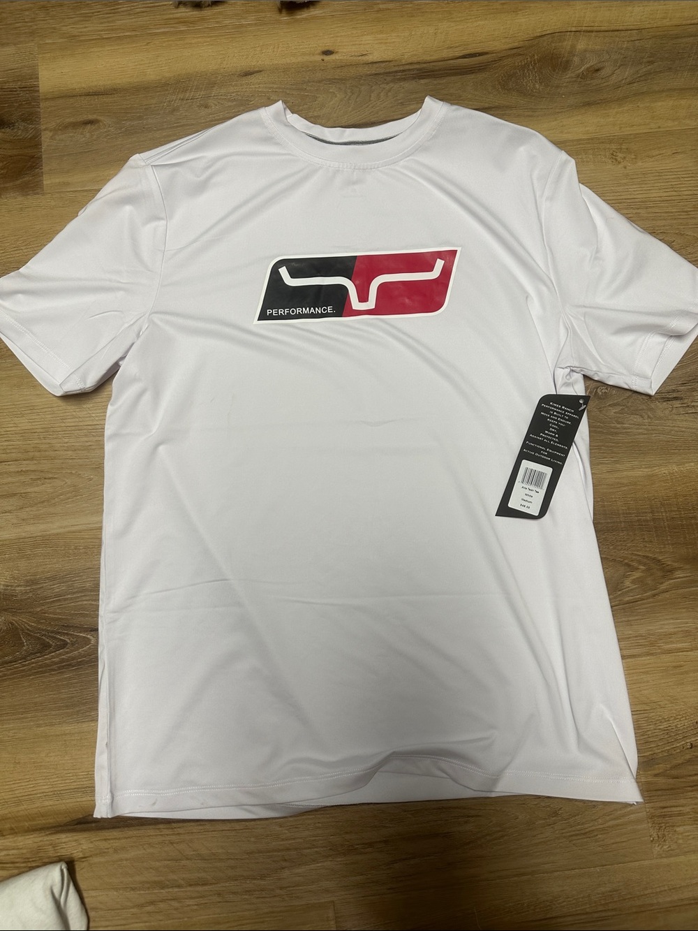 Kimes Ranch White Short-Sleeve Performance Tee with Black & Red Logo